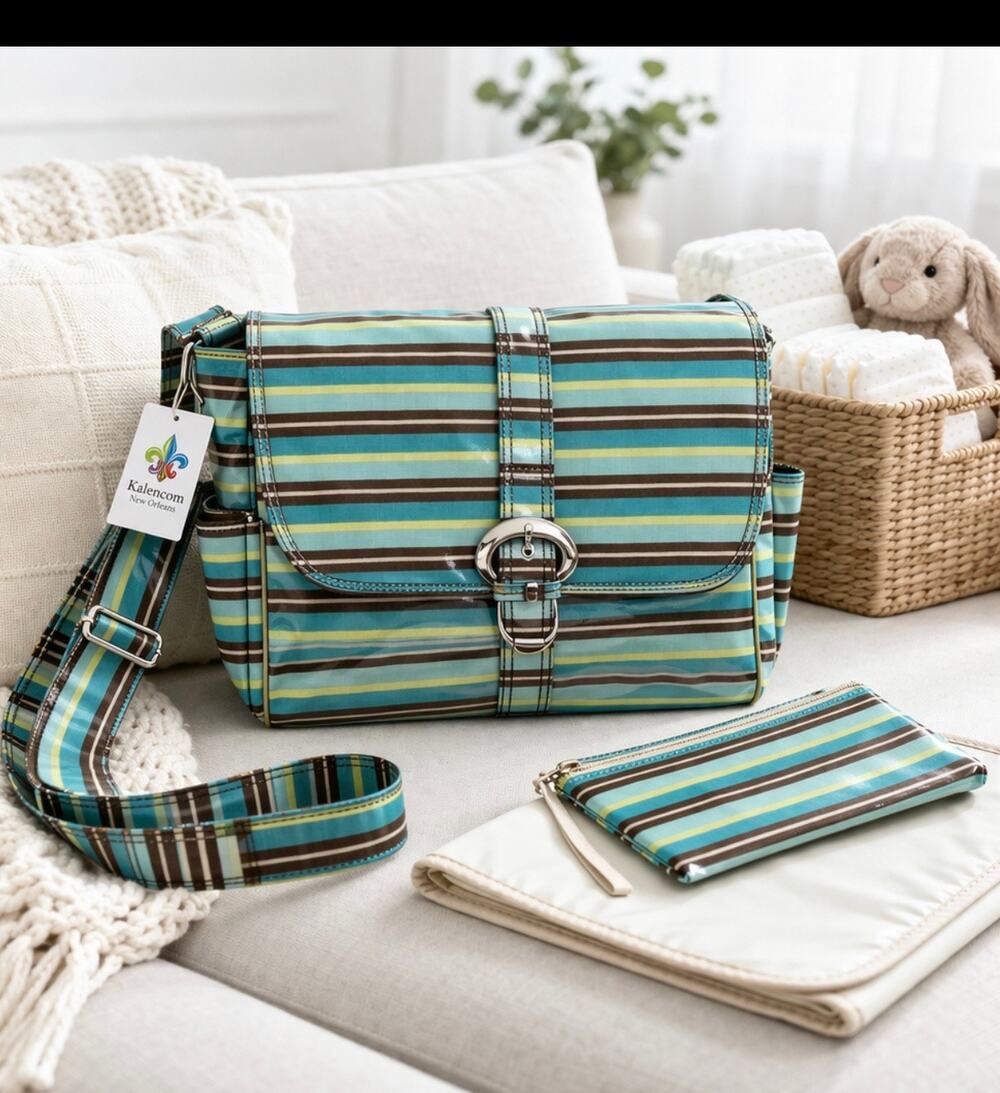 Kalencom Diaper Bag Messenger Turquoise Stripe Laminated Crossbody Set NWT